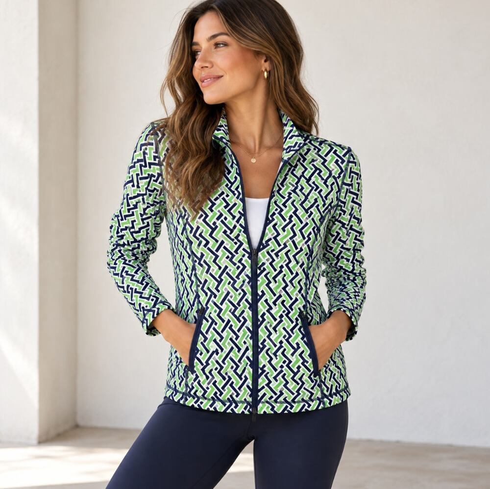 J. MCLAUGHLIN Billie Full Zip Jacket Green Blue Geo Print Sz XL $168 {HH30}